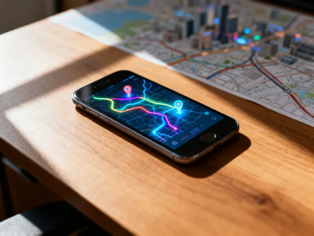 Smartfon z otwartą aplikacją mapy i widocznymi trasami przejazdu na drewnianym biurku w świetle poranka.