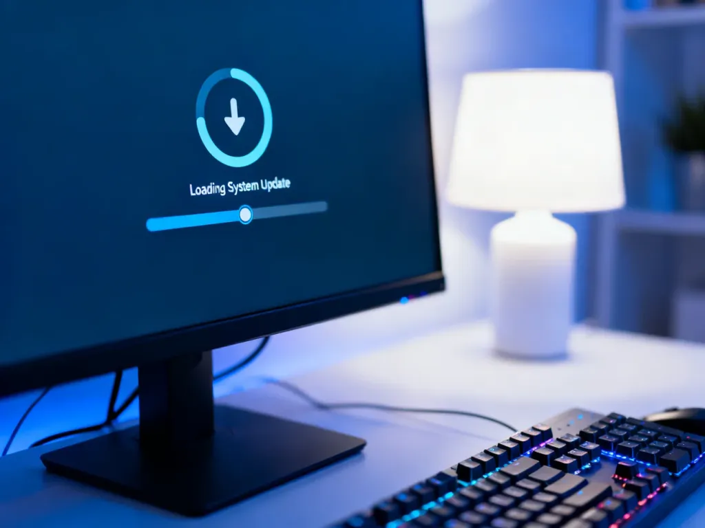 Ekran komputera z ikoną postępu aktualizacji systemu Windows w tle domowego biura.