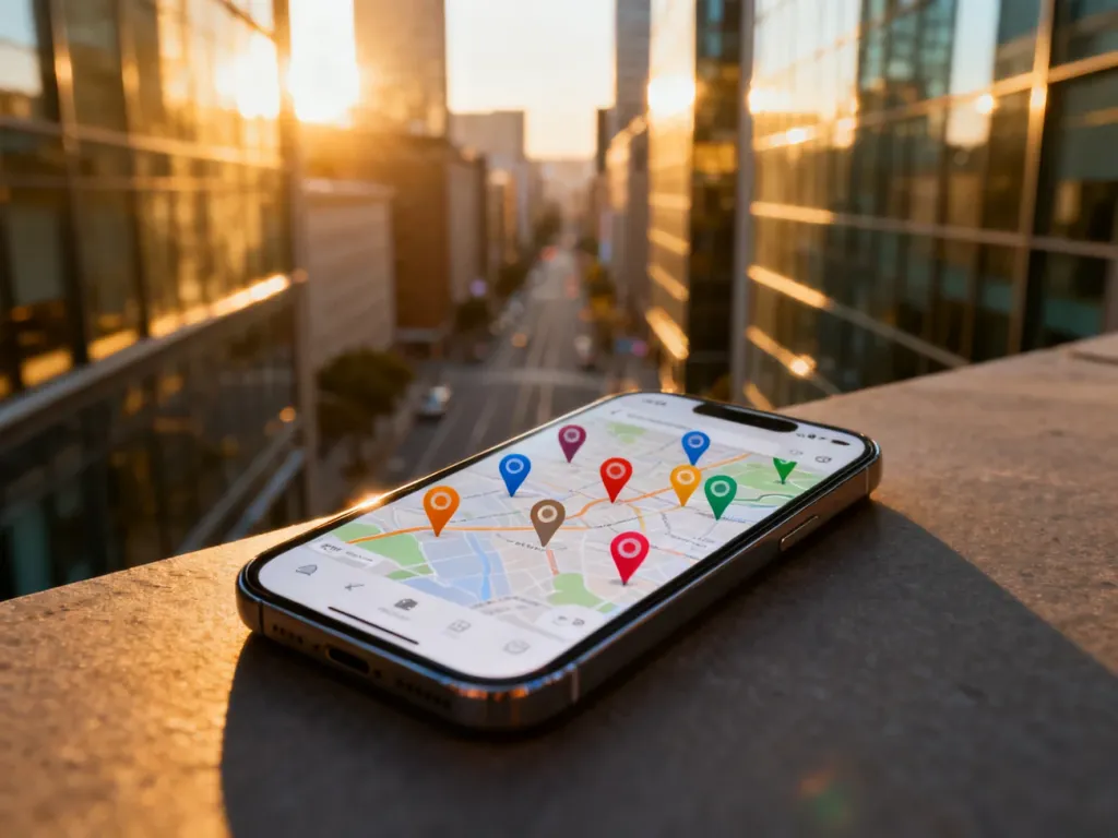 Smartfon z wyświetloną aplikacją map i kolorowymi pinezkami na tle rozmytego krajobrazu miasta w świetle zachodzącego słońca.
