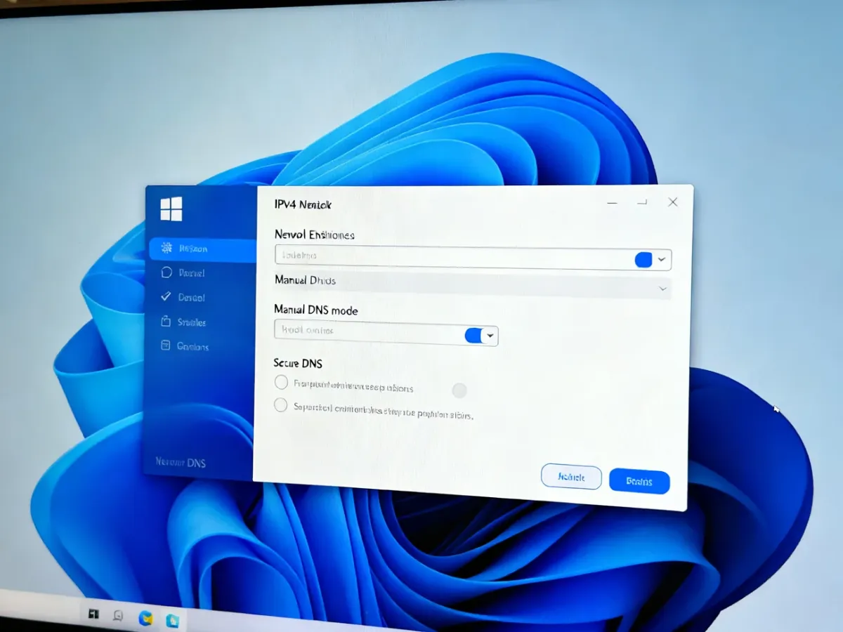Ekran ustawień Windows 11 z konfiguracją ręcznego serwera DNS i szyfrowania DNS
