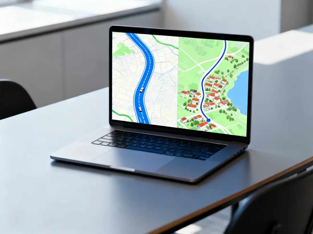 Komputer z mapą pokazującą alternatywną trasę omijającą autostradę