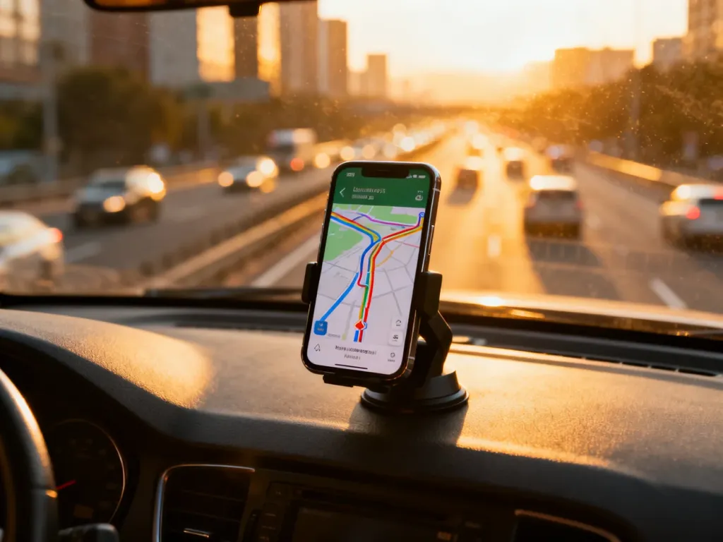 Smartfon z włączoną nawigacją GPS zamontowany na desce rozdzielczej samochodu jadącego autostradą w świetle zachodzącego słońca.