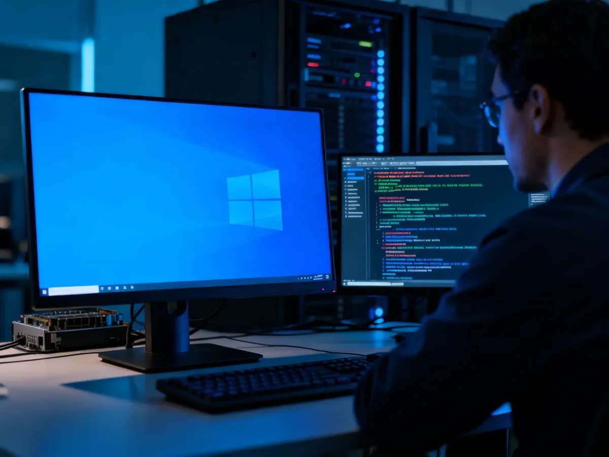 Technician analyzing a Windows blue screen and system diagnostic logs
