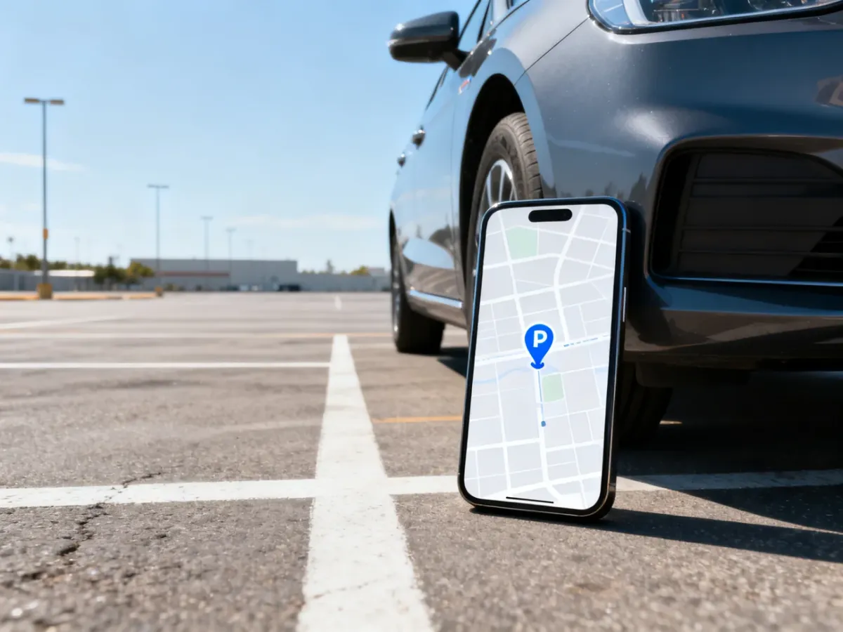 Smartfon z mapą wskazującą zapisane miejsce parkowania obok samochodu