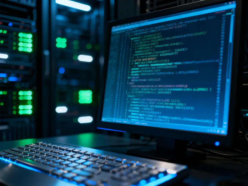 Ekran komputera z kodem błędu systemowego w serwerowni, symbolizujący problemy z aktywacją oprogramowania.