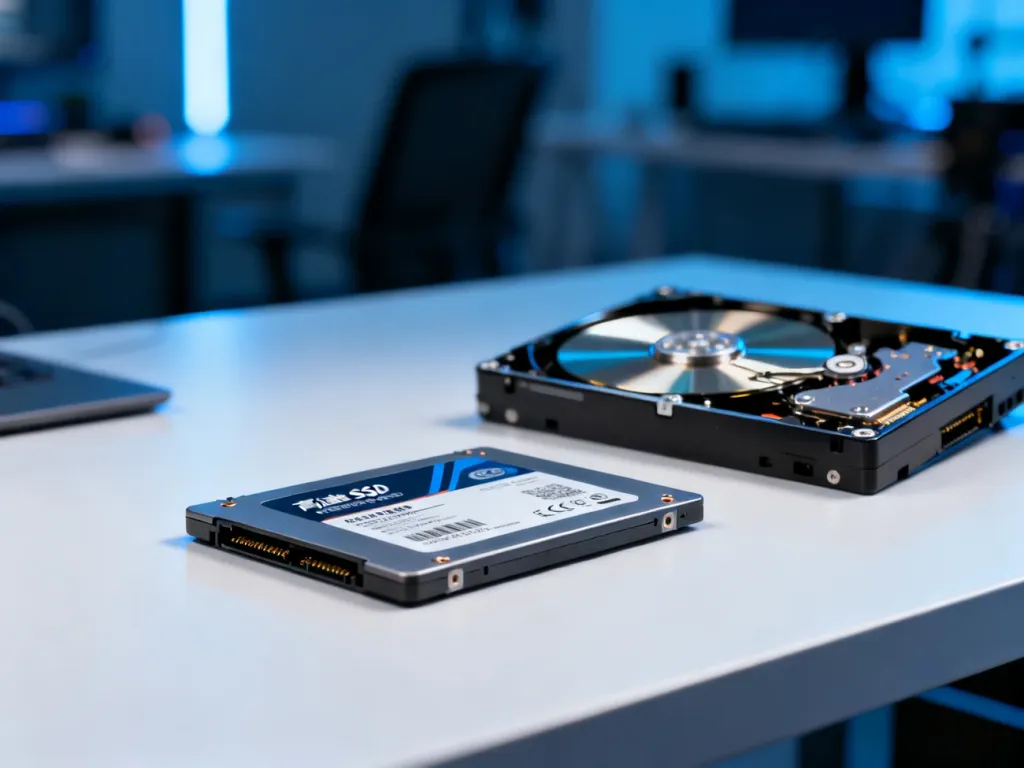 Nowoczesny dysk SSD na pierwszym planie oraz rozłożony dysk HDD w tle, obrazujące różnicę w technologii pamięci masowej.