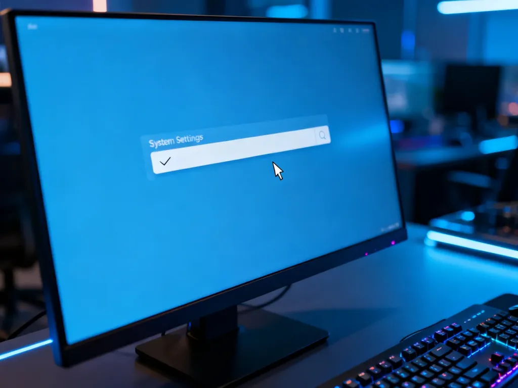 Kursor migający w pasku wyszukiwania ustawień systemu Windows na nowoczesnym monitorze w biurowym otoczeniu.