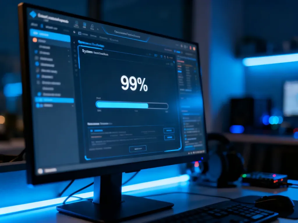Ekran komputera z paskiem postępu aktualizacji zatrzymanym na 99%, symbolizujący problem z instalacją poprawek systemu.