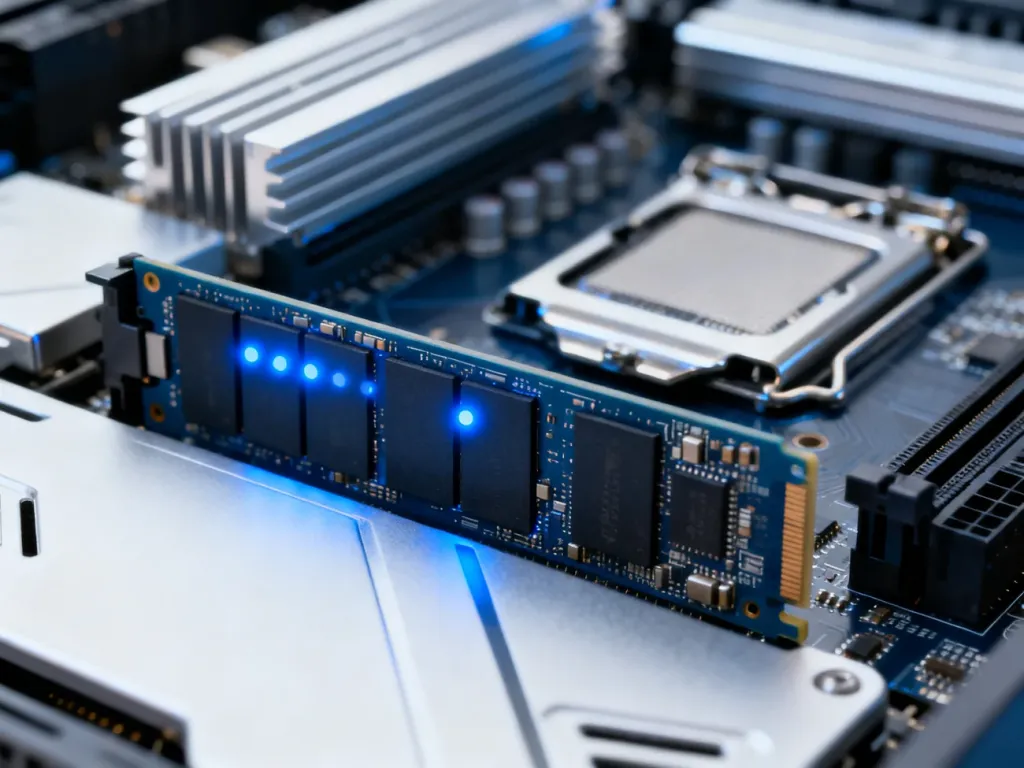 Dysk SSD z podświetleniem LED wewnątrz komputera, symbolizujący wydajność pamięci masowej w systemie.