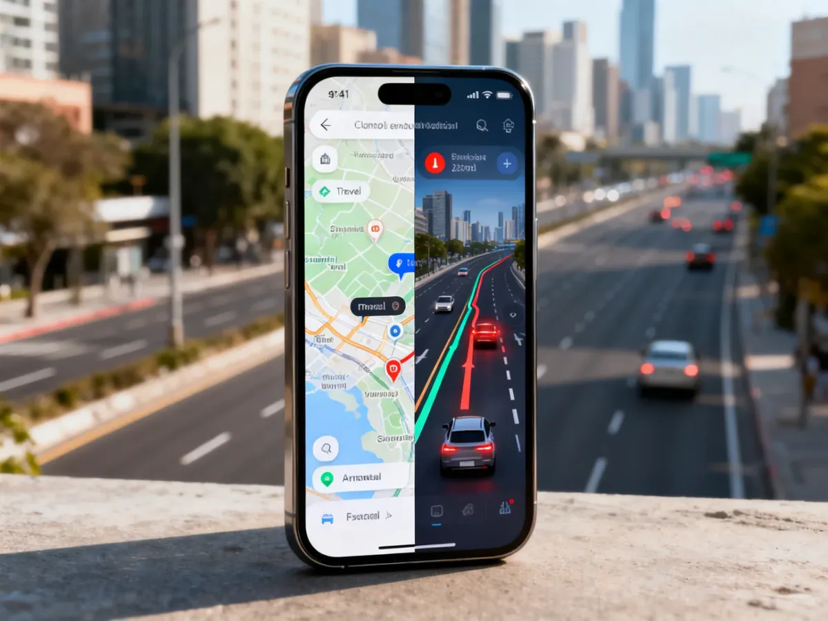 Smartfon pokazujący różne zastosowania Map Google i Waze