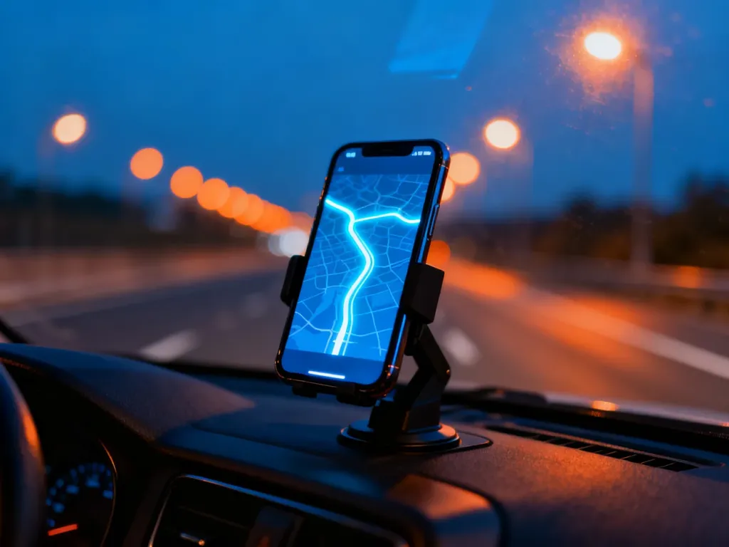 Smartfon z włączoną nawigacją GPS zamontowany na desce rozdzielczej samochodu podczas jazdy autostradą o zmierzchu.