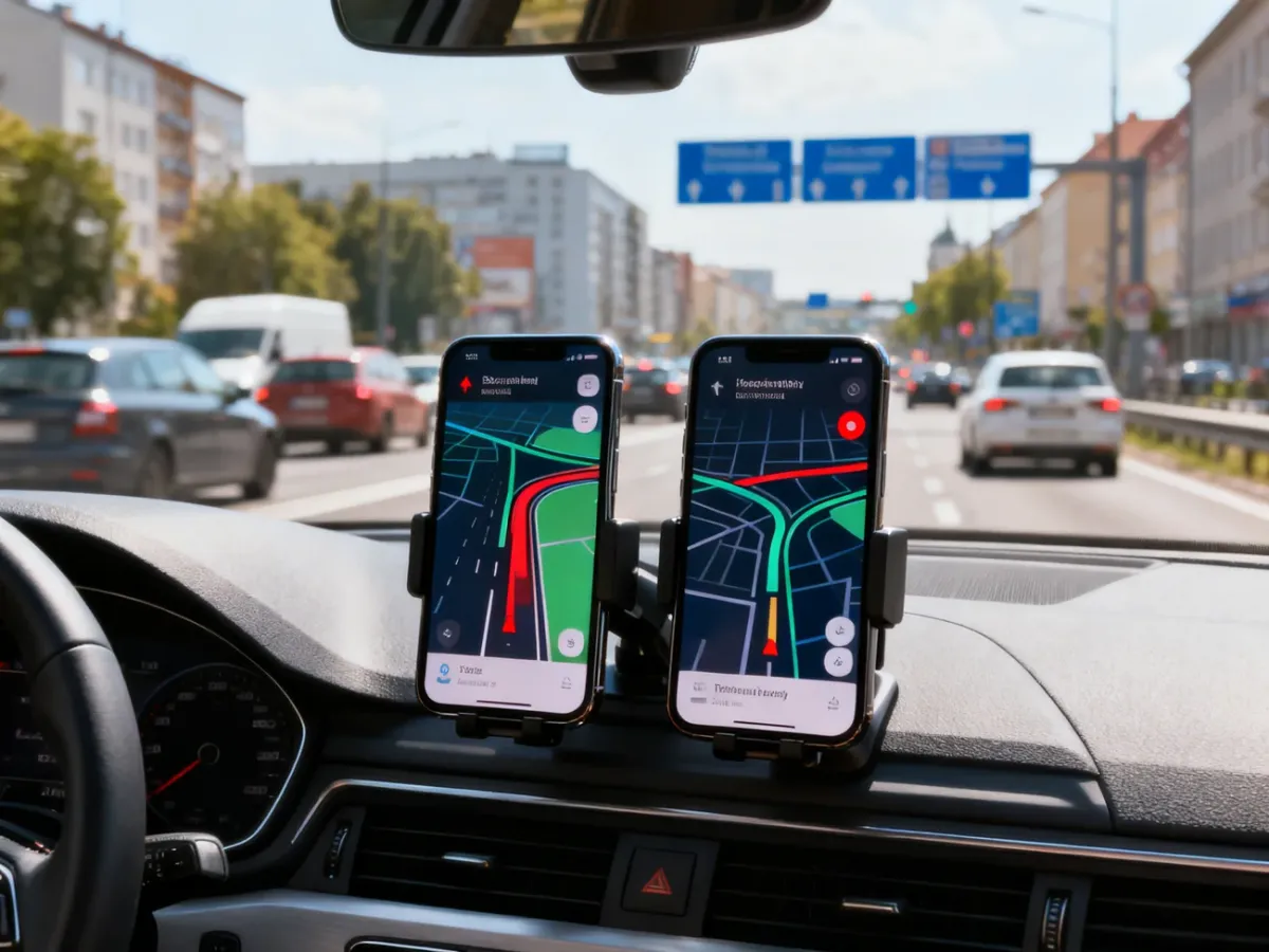 Dwa smartfony z aplikacjami drogowymi na desce rozdzielczej samochodu w miejskim ruchu