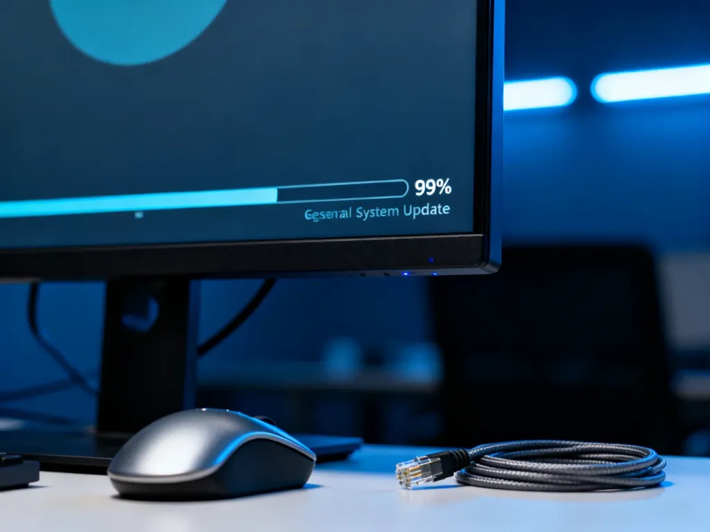 Pasek postępu aktualizacji systemu Windows zatrzymany na 99% na monitorze komputera w biurowym otoczeniu.