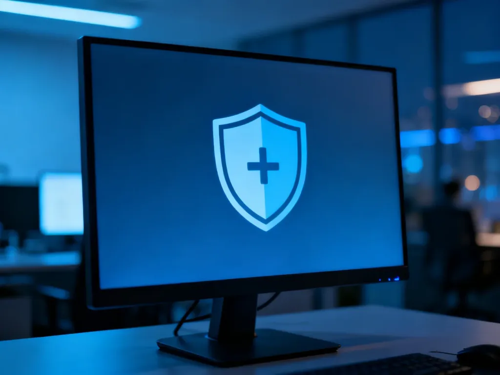 Ikona tarczy na ekranie monitora symbolizująca ustawienia zabezpieczeń i ochrony systemu Windows.