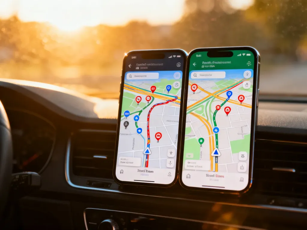 Porównanie interfejsów nawigacji Google Maps i Waze na ekranie smartfona w samochodzie.