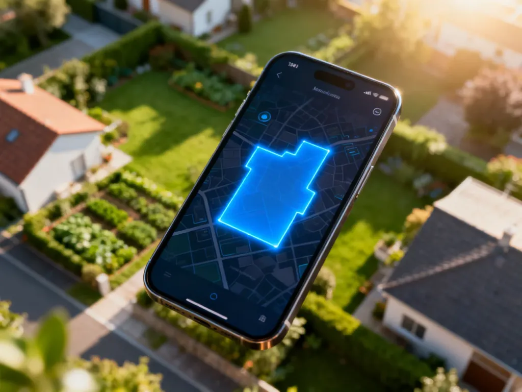Smartfon z wyświetloną mapą Google i zaznaczonym na niebiesko obszarem działki na tle osiedla domów jednorodzinnych.