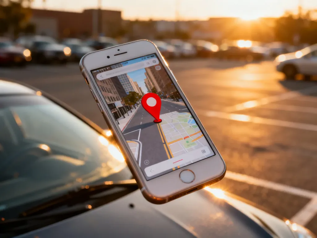 Ekran smartfona z widoczną mapą i czerwoną pinezką wskazującą lokalizację zaparkowanego samochodu na tle parkingu.