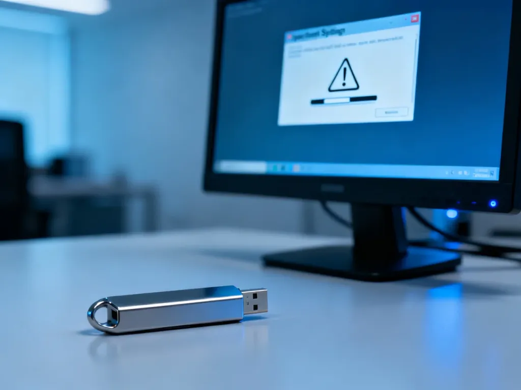Monitor komputera z ikoną błędu systemowego oraz pendrive na biurku, ilustrujące problemy z aktualizacją systemu Windows.