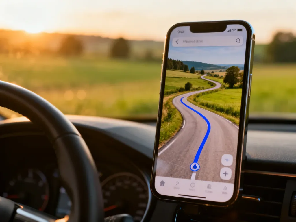 Ekran smartfona z wyznaczoną trasą w Mapach Google na tle malowniczego krajobrazu widzianego z wnętrza samochodu.