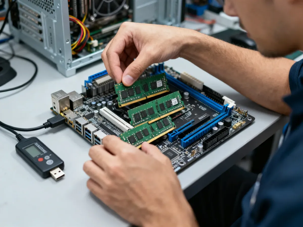 Technician testing RAM modules on a computer motherboard
