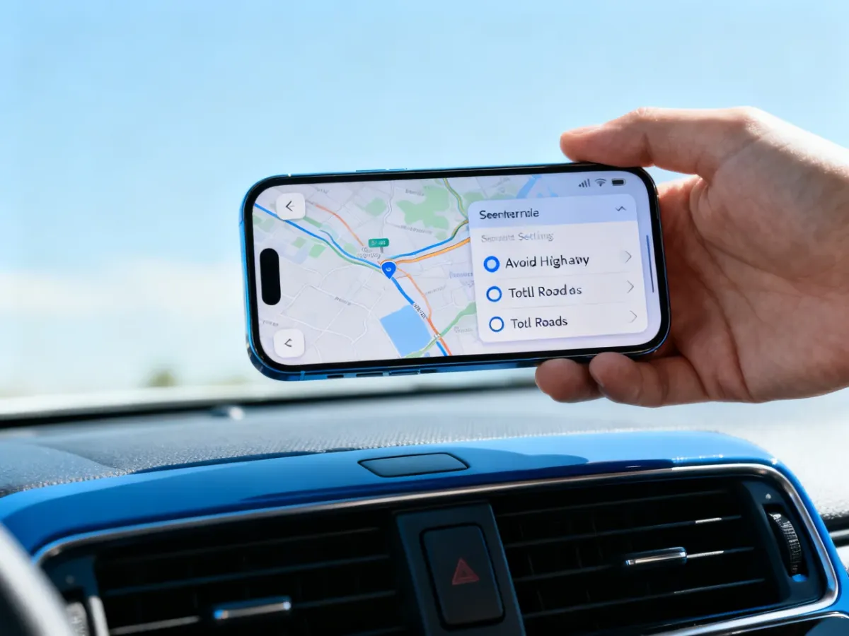 Smartfon z ustawieniami trasy umożliwiającymi omijanie autostrad i dróg płatnych