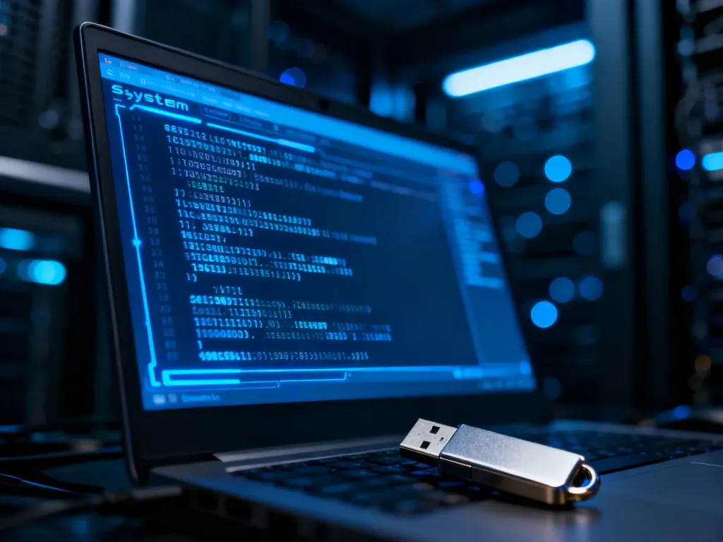 Ekran komputera z kodem błędu systemu oraz pendrive na pierwszym planie, symbolizujące proces naprawy plików Windows Update.