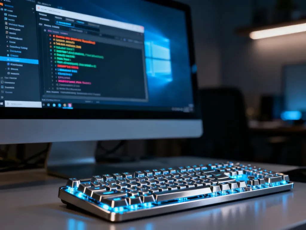Monitor z otwartym menedżerem zadań oraz podświetlana klawiatura mechaniczna w profesjonalnym biurze.