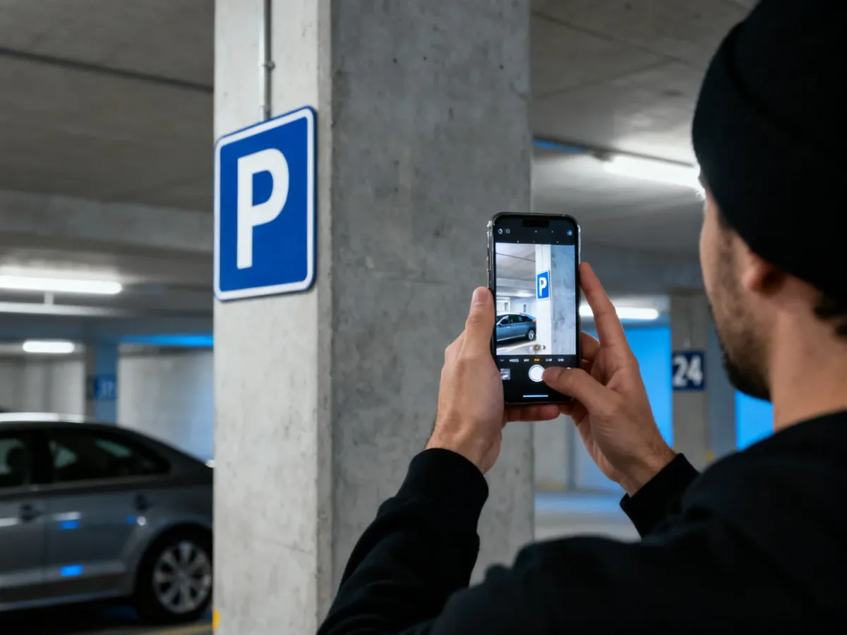 Robienie zdjęcia oznaczenia w wielopoziomowym garażu parkingowym