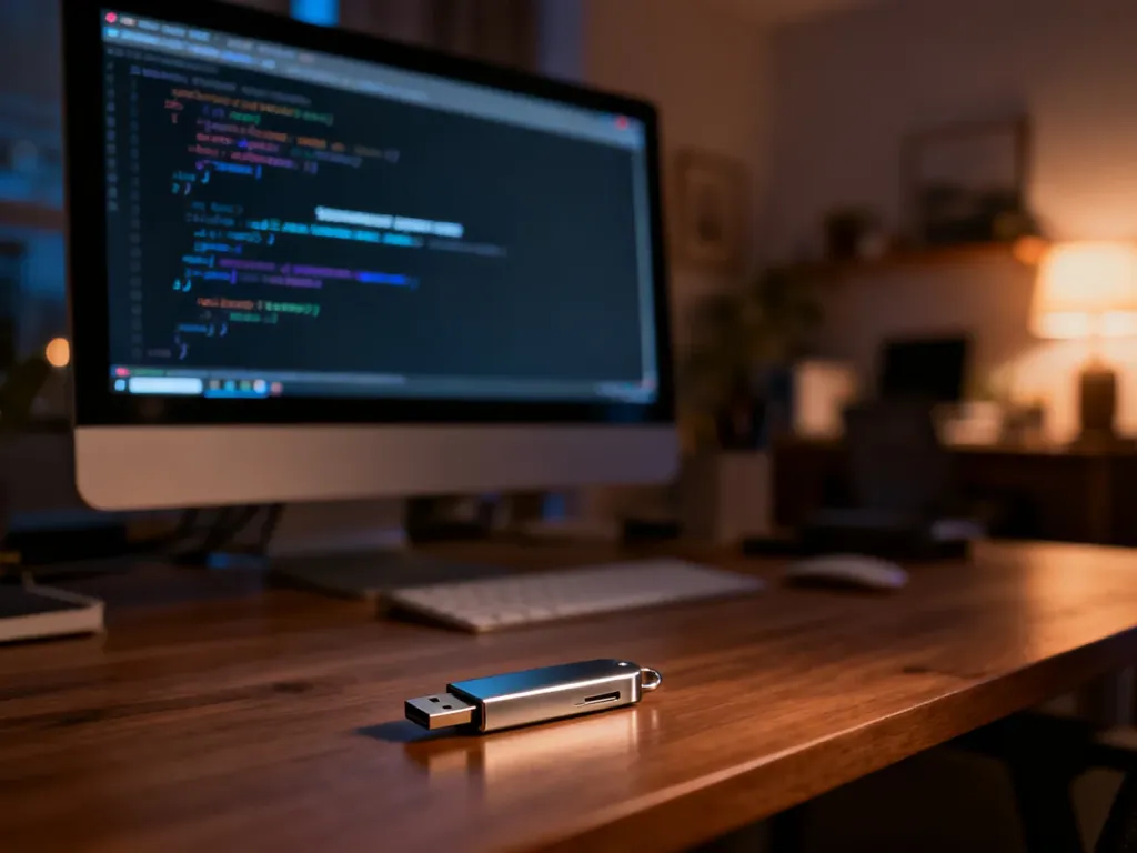 Monitor komputera z błędem aktualizacji systemu oraz pendrive na biurku, ilustrujące problem z instalacją poprawek.