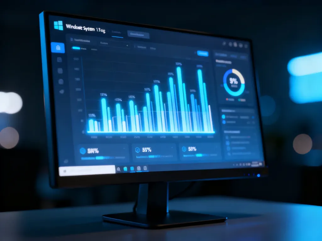 Nowoczesny monitor wyświetlający wykresy wydajności systemu w estetyce Windows 11.