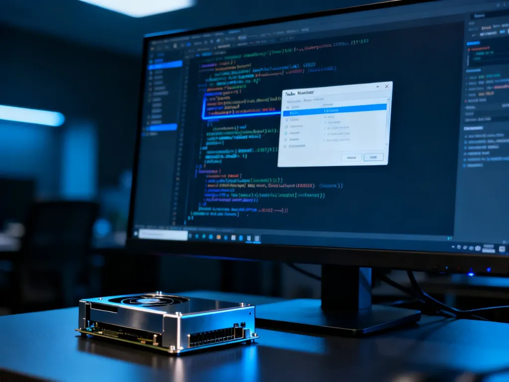 Ekran komputera z widocznym menedżerem zadań i kodem systemowym w nowoczesnym, technologicznym otoczeniu biurowym.