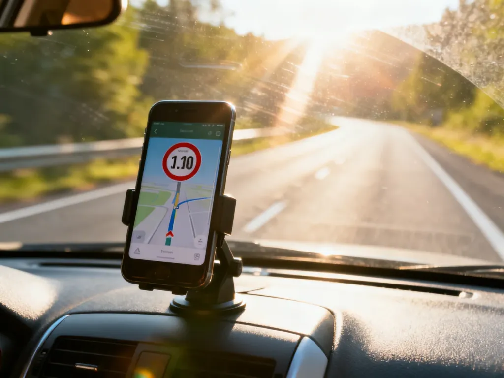 Smartfon z włączoną nawigacją zamontowany na desce rozdzielczej samochodu jadącego słoneczną drogą.