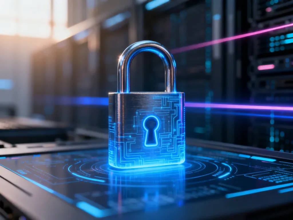 Świecąca ikona kłódki na tle cyfrowego interfejsu, symbolizująca zaawansowaną ochronę danych przed atakami ransomware.